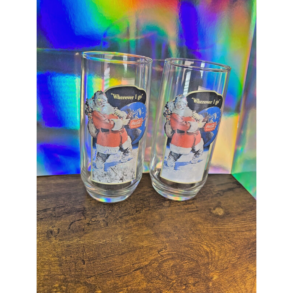 Vintage Coca Cola "Wherever I Go" Santa Claus Christmas Glass -Set of 2. Used.